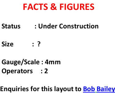 FACTS & FIGURES    Status									:	Under Construction    Size												:	 ?   Gauge/Scale	: 4mm  Operators					:	2  Enquiries for this layout to Bob Bailey